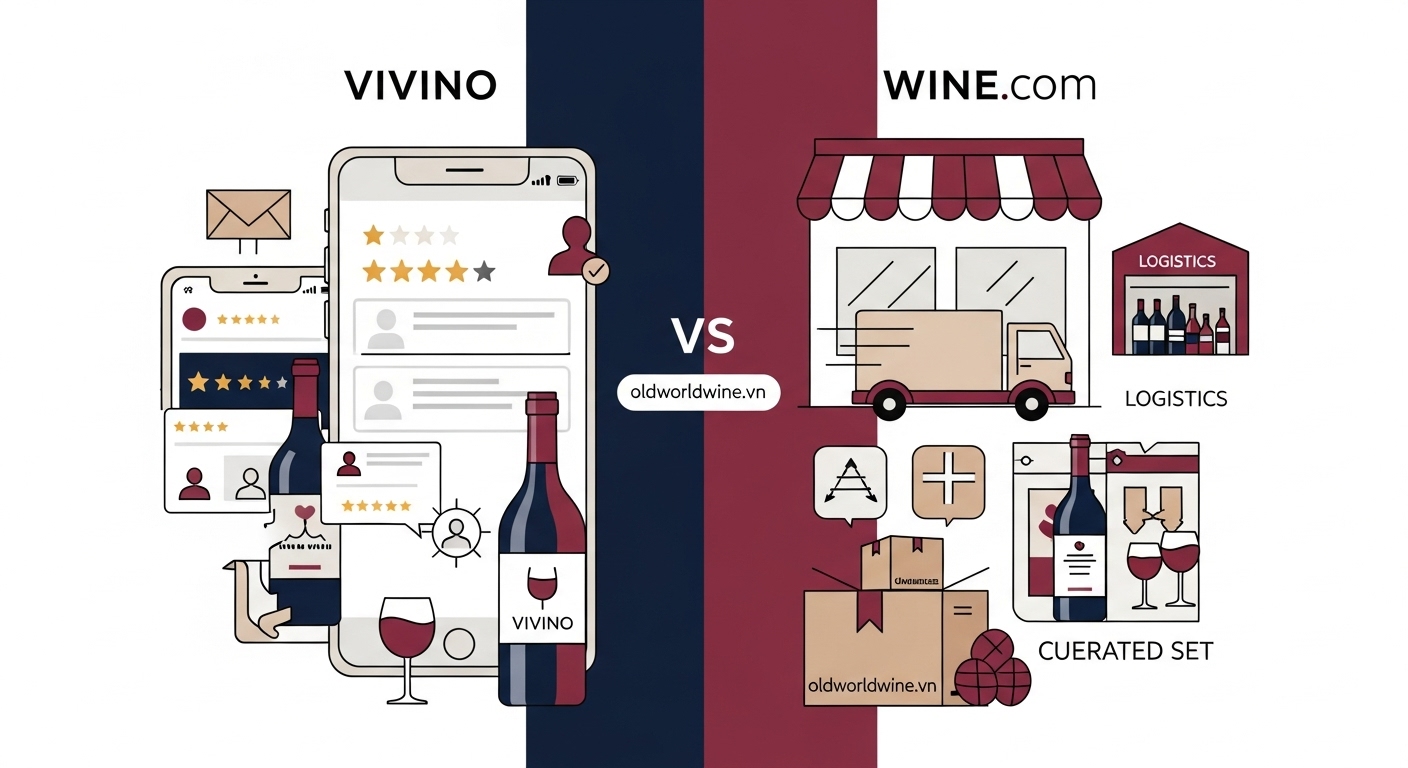 Hình minh họa so sánh mô hình kinh doanh Vivino và Wine.com trong lĩnh vực rượu vang trực tuyến