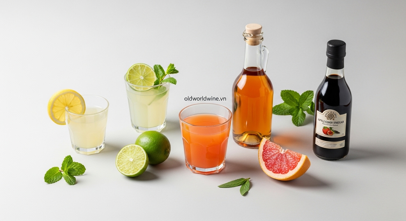 Các nguyên liệu tạo vị chua trong pha chế cocktail như nước chanh, nước tắc, nước bưởi và giấm balsamic, giấm táo – mang lại hương vị tươi mát và cân bằng.