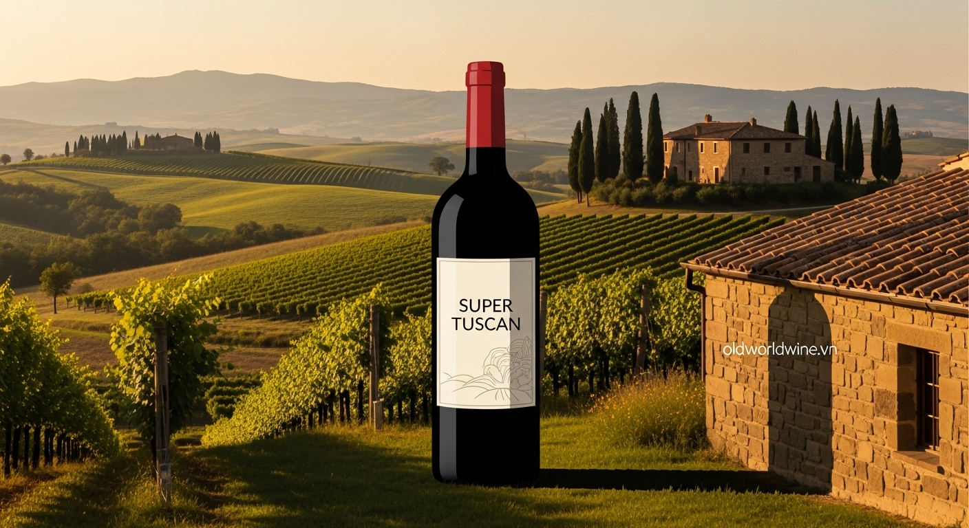 Hình minh họa chai vang đỏ Super Tuscans đặt giữa vườn nho Tuscany lúc hoàng hôn, phong cách hiện đại và tinh tế – oldworldwine.vn
