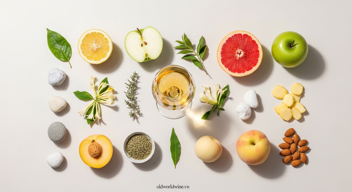 Ly rượu vang Pecorino màu vàng nhạt với các hương vị đặc trưng như cam quýt, táo xanh, hoa trắng và khoáng chất