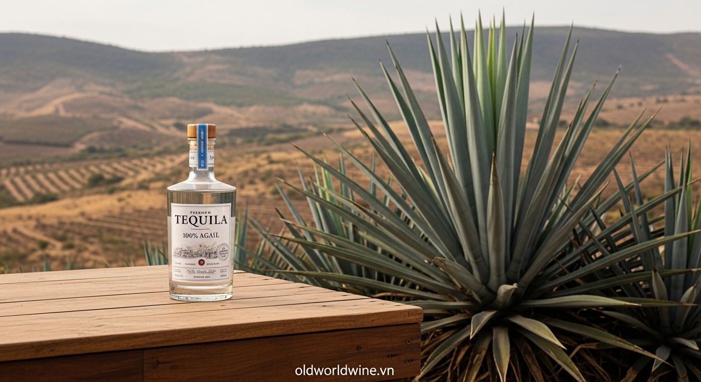 Hình ảnh chai Tequila 100% Agave cao cấp, đặt trên nền gỗ cùng cây Blue Agave và cảnh quan vùng Jalisco, Mexico – thể hiện nguồn gốc và quy chuẩn sản xuất của Tequila chính thống.