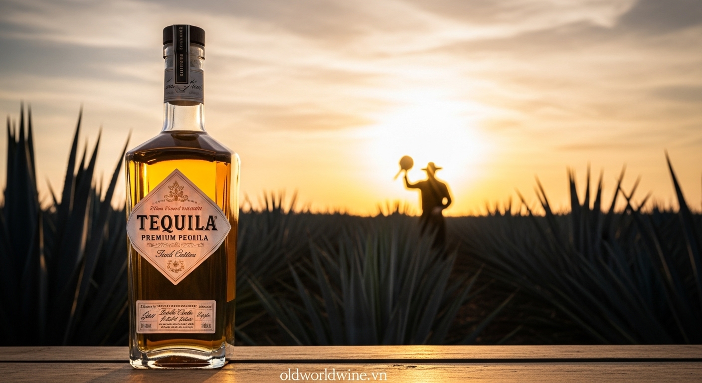 Hình ảnh nghệ thuật chai Tequila trước cánh đồng Blue Agave lúc hoàng hôn – biểu tượng cho di sản và tinh thần Mexico trong từng giọt rượu.
