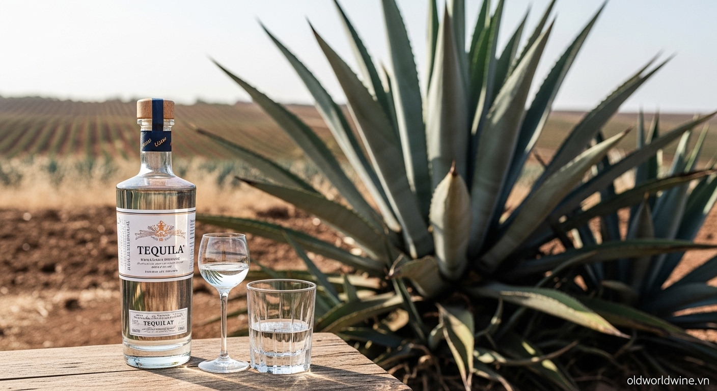 Hình ảnh chai Tequila cao cấp và cây thùa xanh (Blue Agave) đặc trưng của Mexico – nguyên liệu duy nhất để sản xuất rượu Tequila.
