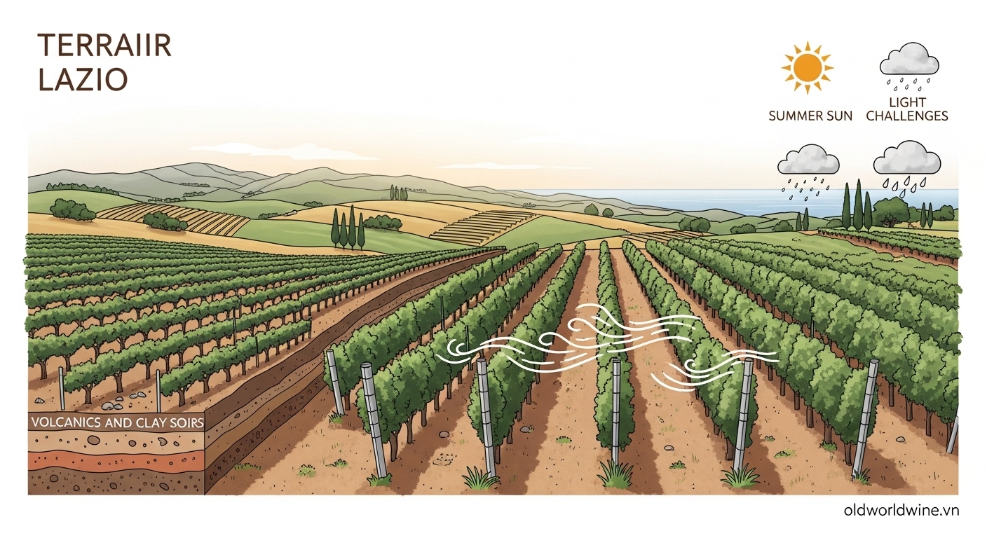 Terroir rượu vang Lazio – minh họa khí hậu Địa Trung Hải, đất núi lửa và sét, cùng hệ thống canh tác nho hiện đại trên các sườn đồi thấp.
