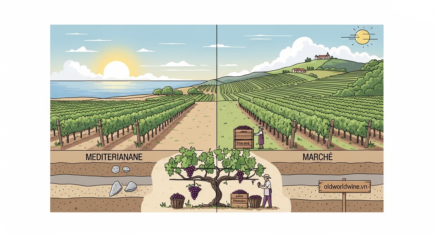 Minh họa terroir vùng Marche – Ý với khí hậu Địa Trung Hải và lục địa, đất đá vôi và sét, cùng phương pháp canh tác nho đặc thù