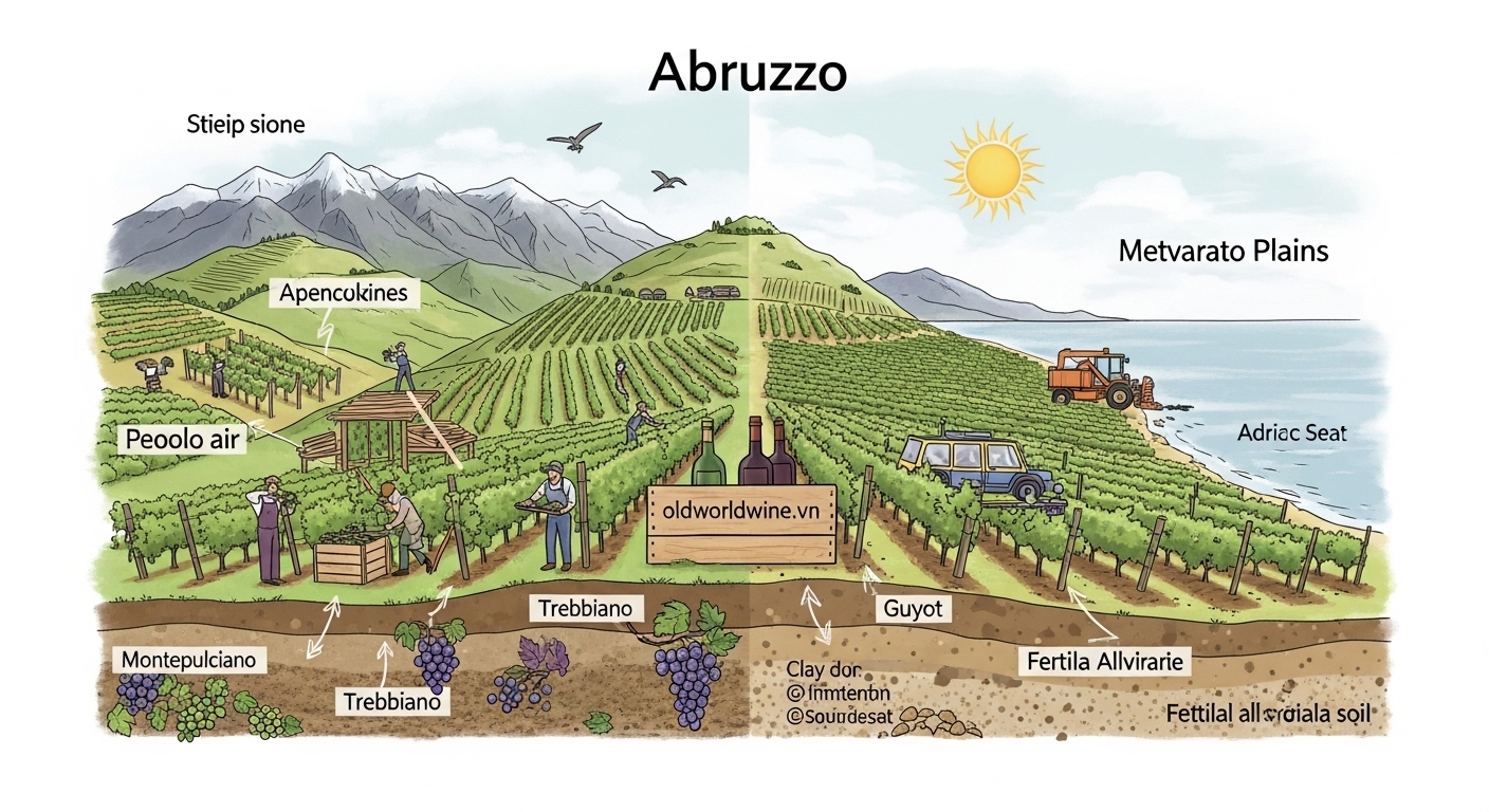 Terroir vùng Abruzzo – sự kết hợp khí hậu lục địa và Địa Trung Hải, thổ nhưỡng đa dạng và phương pháp canh tác nho hiện đại
