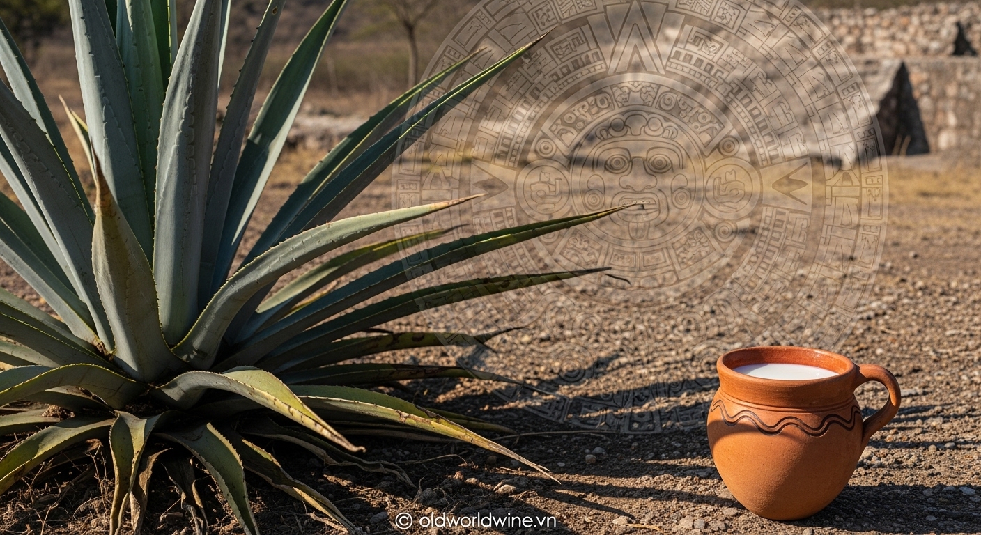 Hình ảnh cây Agave và ly Pulque đặt trên nền đất khô Mexico, mang đậm không khí thần thoại và tín ngưỡng của người Aztec cổ đại.