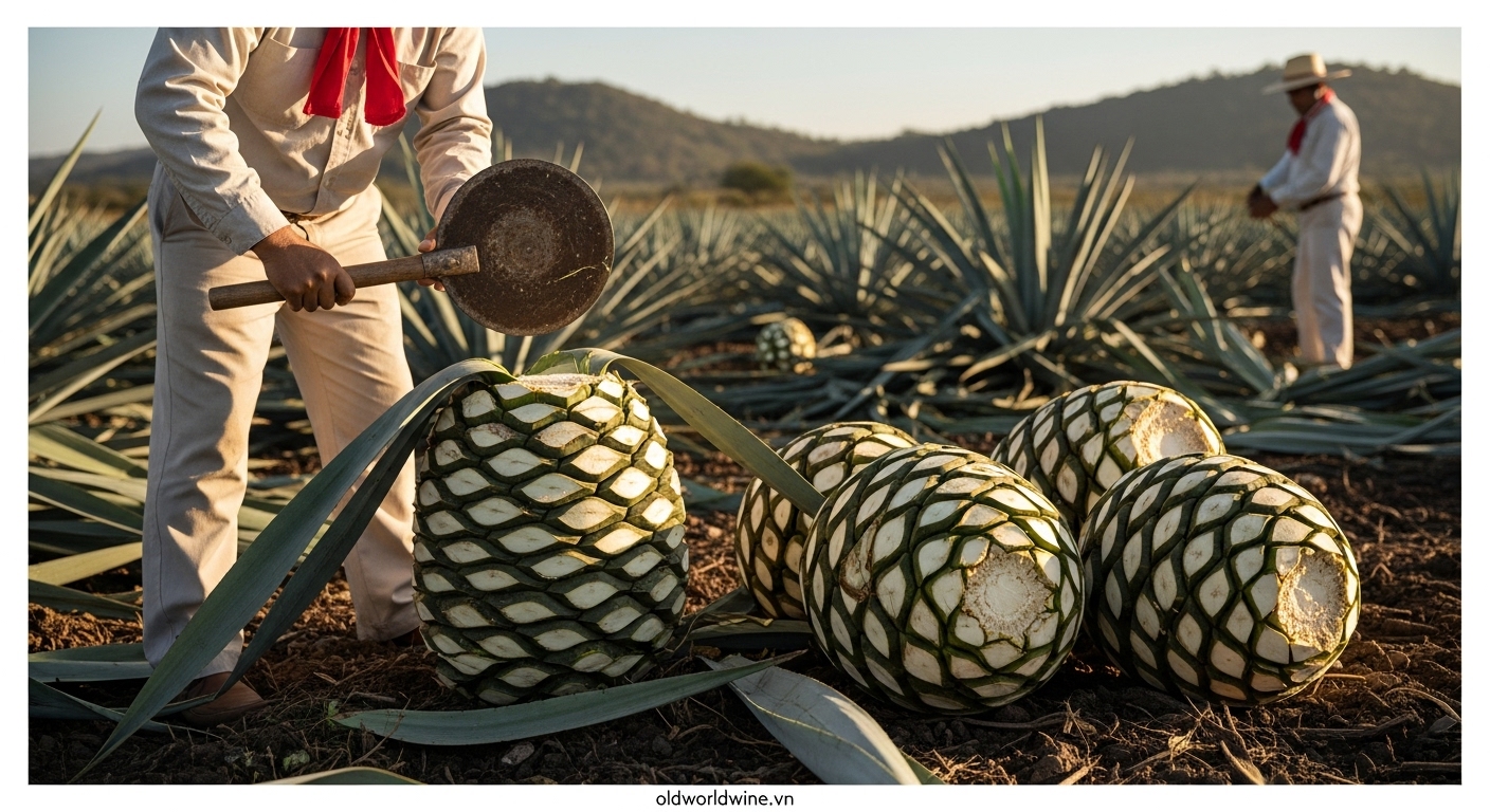 Hình ảnh Jimador thu hoạch cây Blue Agave tại Jalisco bằng dụng cụ Coa, cắt lá để lấy phần lõi piña – nguyên liệu chính sản xuất rượu Tequila.