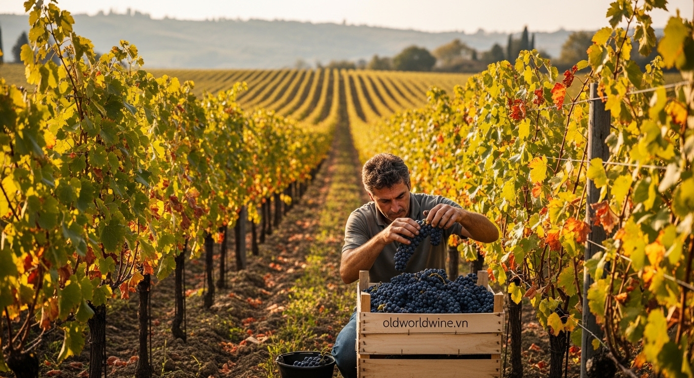 Cảnh thu hoạch nho Sangiovese thủ công tại vườn nho Tuscany vào mùa thu, thể hiện sự tuyển chọn kỹ lưỡng để đảm bảo chất lượng cho rượu vang cao cấp.