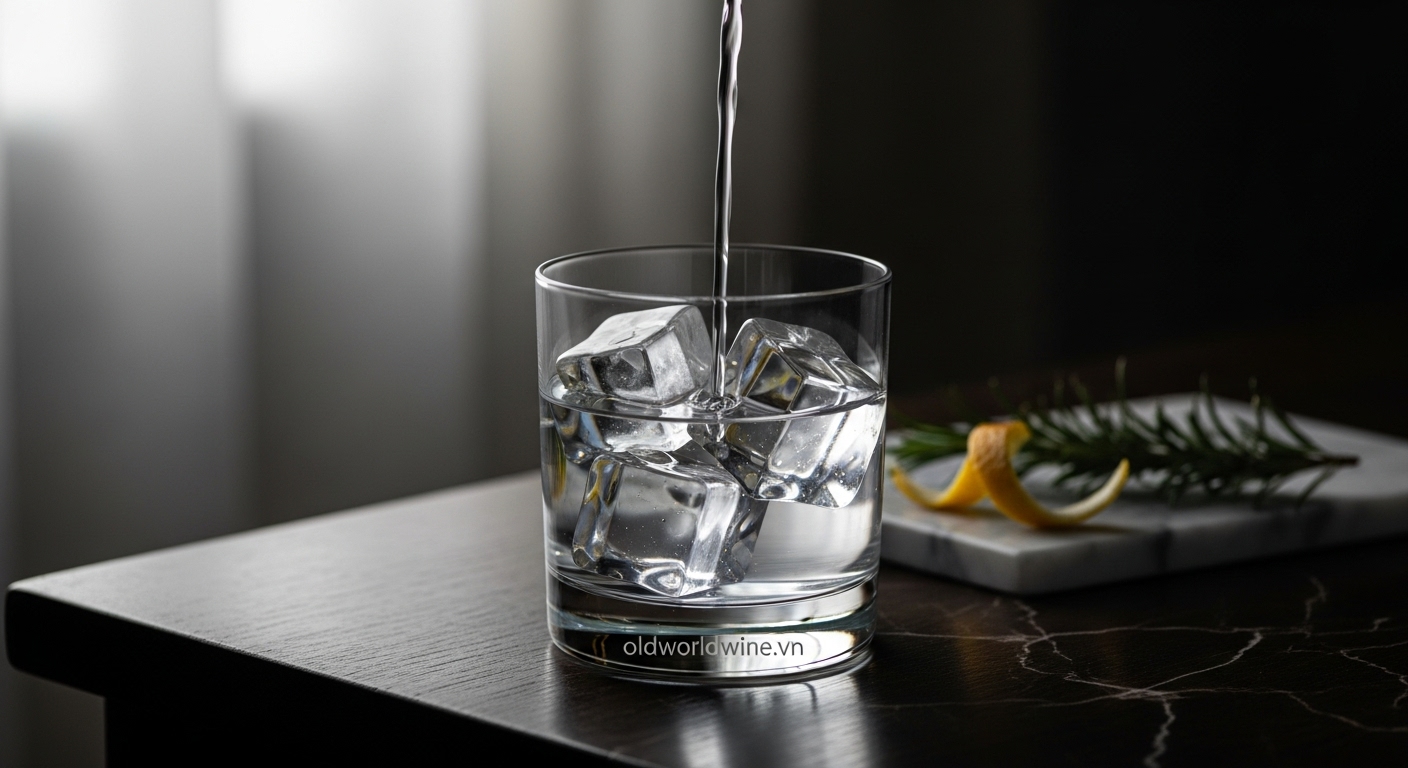 Ly rượu Gin nguyên chất hoặc dùng với đá lớn trong không gian sang trọng, thể hiện cách thưởng thức Gin cao cấp để cảm nhận trọn vẹn hương vị.