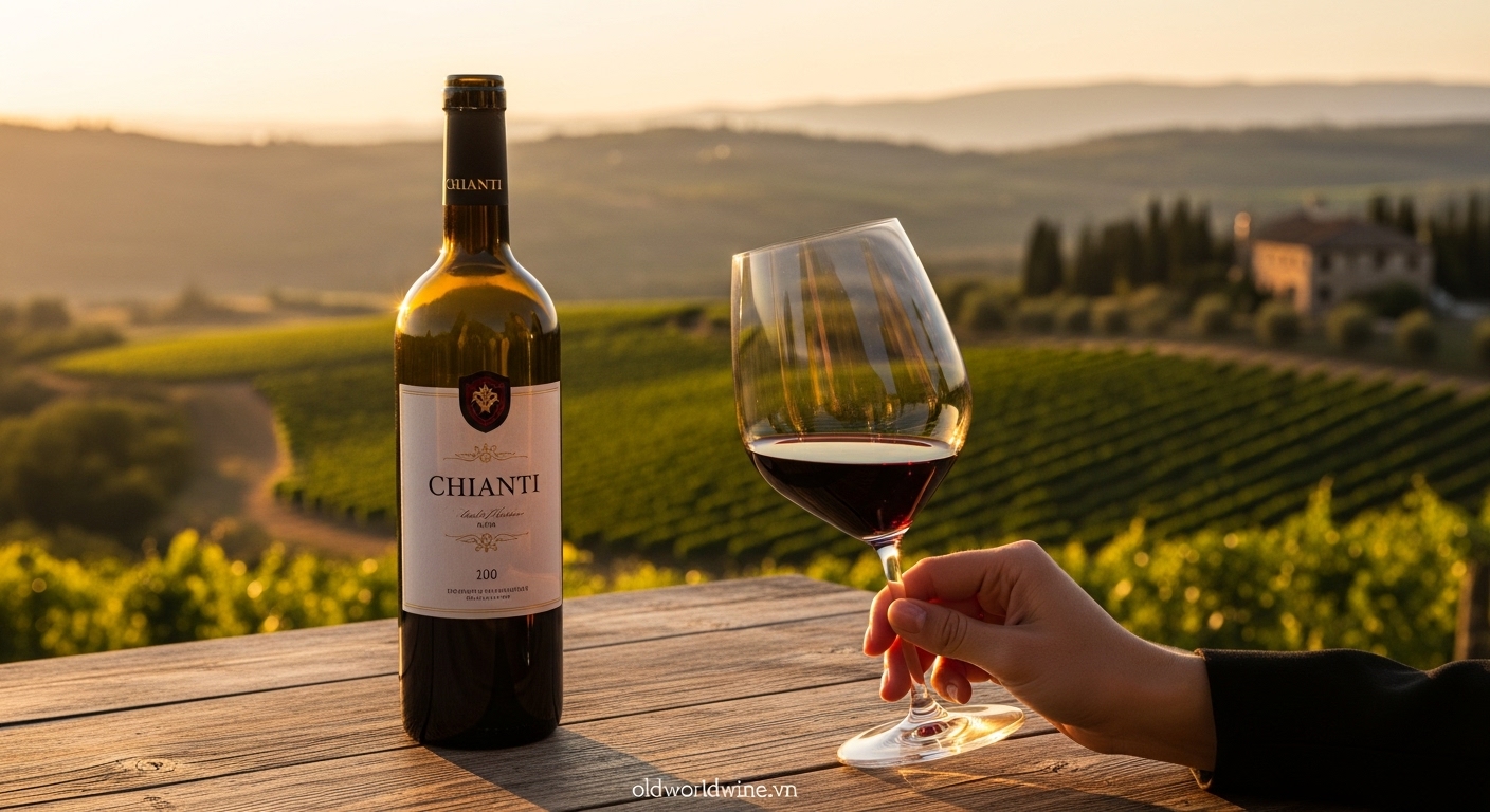 Hình ảnh người thưởng thức ly rượu vang Chianti trong khung cảnh hoàng hôn vùng Tuscany, gợi cảm giác tinh tế và thư giãn.