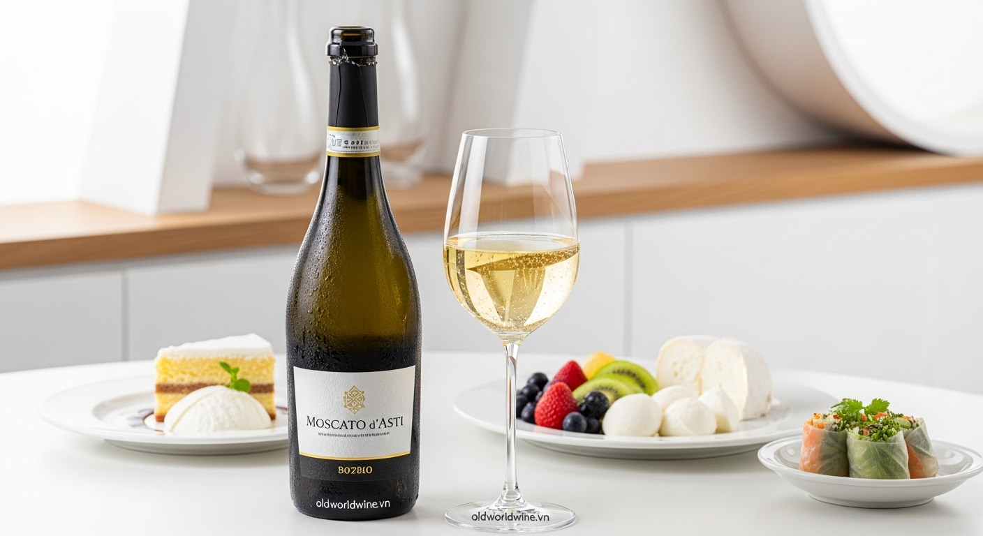 Ly tulip đựng rượu vang Moscato d’Asti được phục vụ lạnh kèm trái cây tươi, bánh ngọt và phô mai, sẵn sàng cho buổi thưởng thức chuẩn chuyên gia