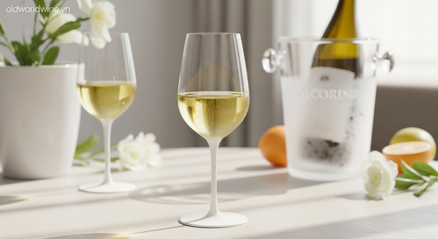 Thưởng thức rượu vang Pecorino chuẩn chuyên gia với ly vang trắng, phục vụ lạnh và phong cách tinh tế