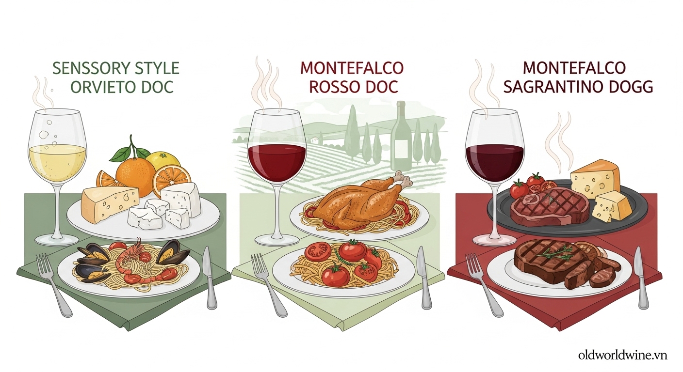 Trải nghiệm hương vị và cách thưởng thức rượu vang Umbria – minh họa rượu trắng Orvieto DOC và rượu đỏ Montefalco với món ăn phù hợp.