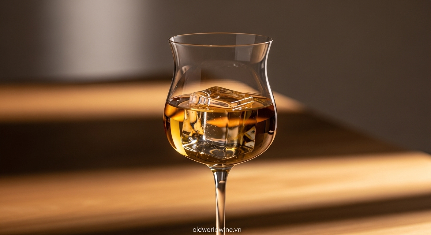 Hình ảnh ly Tequila Añejo hoặc Extra Añejo cao cấp với màu hổ phách sang trọng, dùng trong ly tulip để nhâm nhi nguyên chất hoặc với đá, thể hiện cách thưởng thức tinh tế và chậm rãi.