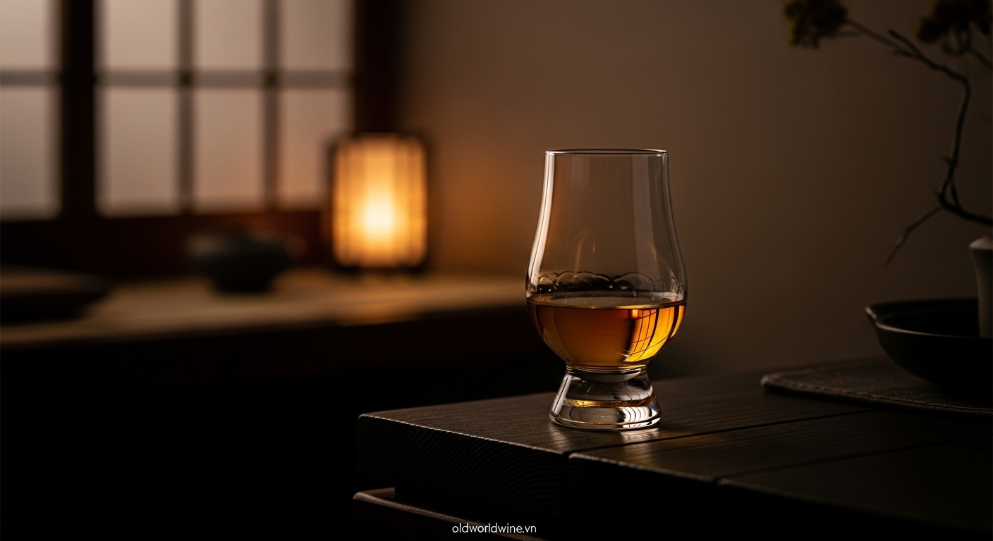Hình ảnh một ly whisky Hibiki nguyên chất trong ly Glencairn đặt trên nền gỗ tối, với ánh sáng ấm tập trung làm nổi bật sắc hổ phách và phông nền mang cảm hứng Nhật Bản tĩnh lặng, thể hiện nghệ thuật thưởng thức tinh hoa whisky một cách thuần túy.