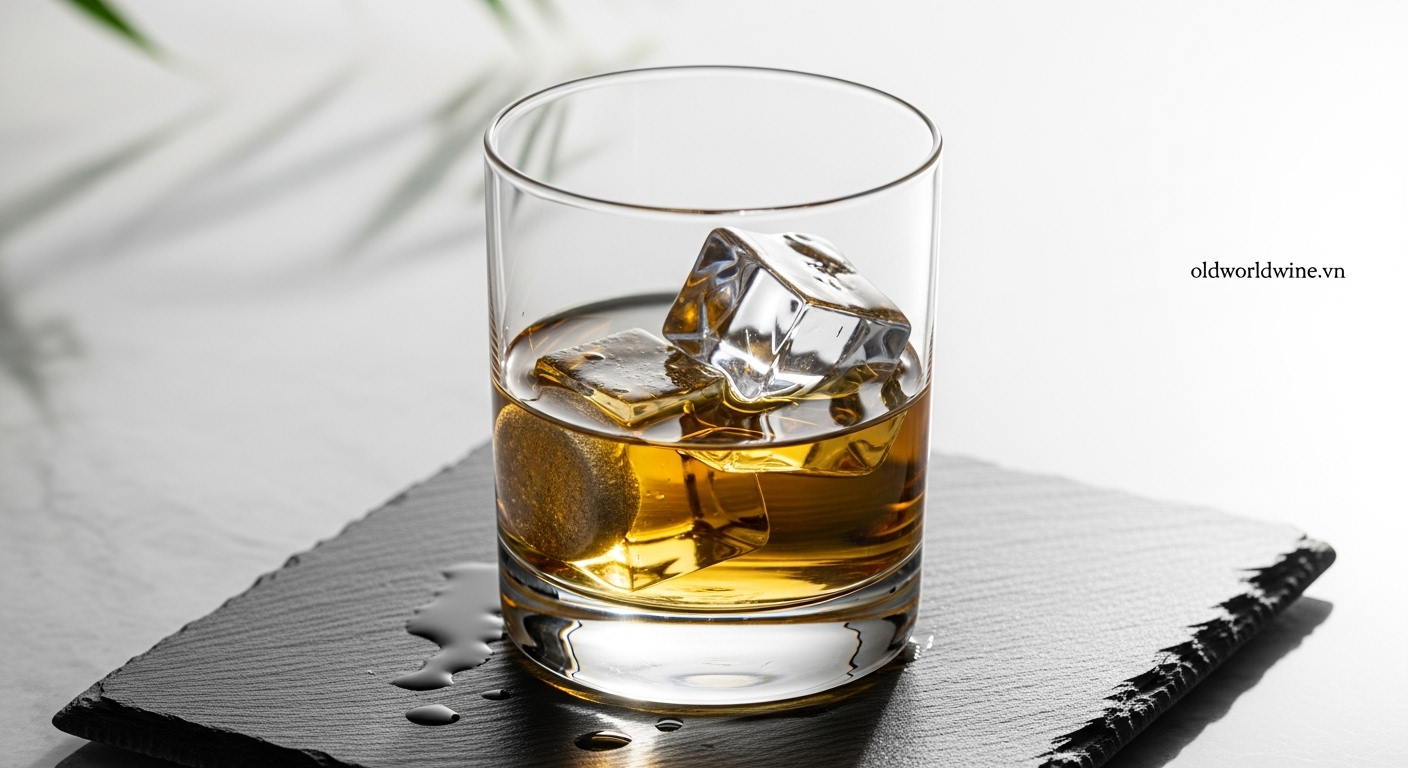 Hình ảnh ly whisky Hibiki với một viên đá lớn trong ly pha lê, ánh sáng phản chiếu qua rượu tạo cảm giác mát lạnh và sang trọng, thể hiện phong cách thưởng thức “on the rocks” đầy sảng khoái nhưng vẫn tinh tế.