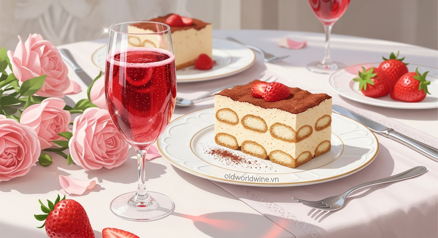 Tiramisu kết hợp với Brachetto d’Acqui – rượu vang đỏ sủi bọt ngọt ngào, tươi mát từ vùng Piemonte, Ý.