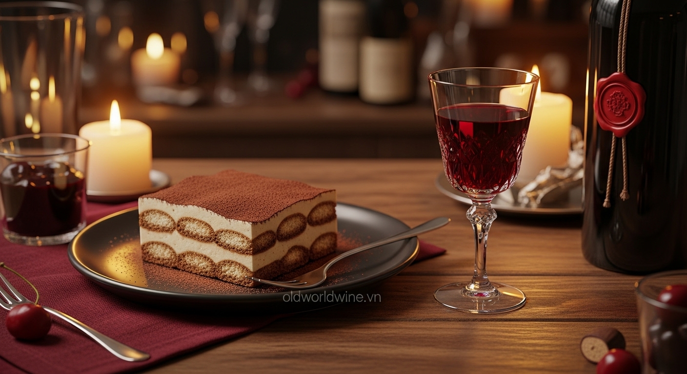 Tiramisu kết hợp với Recioto della Valpolicella – rượu vang đỏ ngọt từ Veneto mang hương vị trái cây và socola quyến rũ.