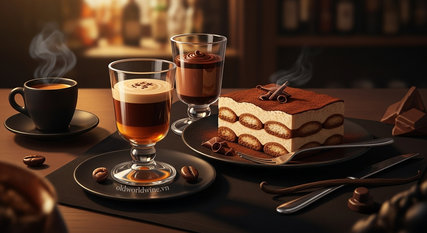 Tiramisu kết hợp với rượu mùi cà phê hoặc socola – sự lựa chọn hoàn hảo cho vị đắng ngọt hài hòa và hương vị sâu lắng.