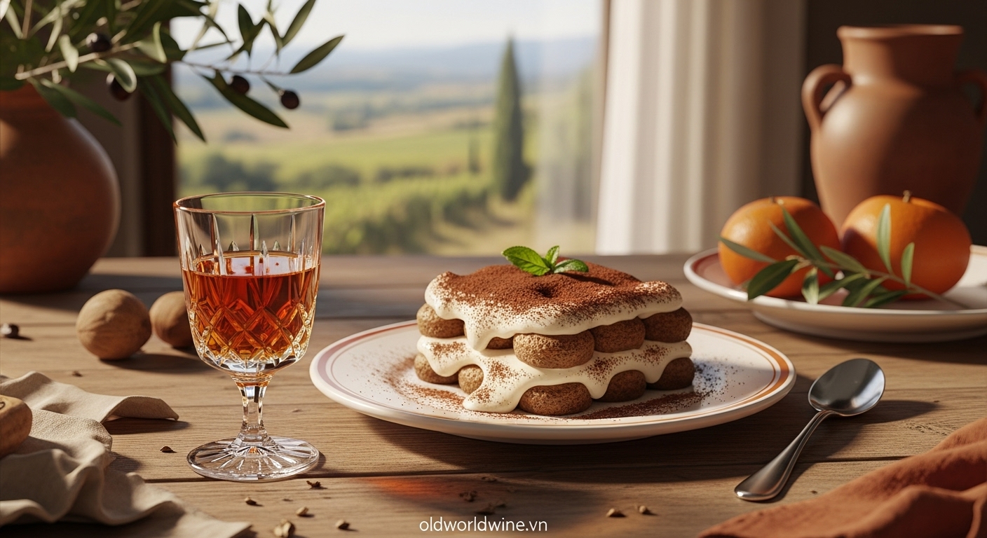 Tiramisu kết hợp với Vin Santo – rượu vang ngọt ngào truyền thống từ Tuscany, Ý.