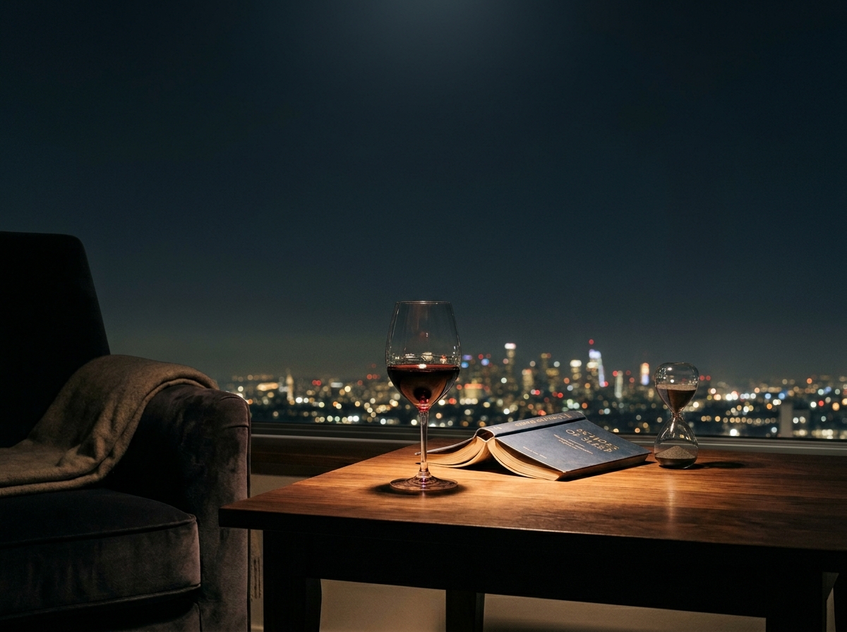 Một chiếc bàn gỗ tối màu đặt cạnh cửa sổ nhìn ra ánh đèn thành phố mờ ảo buổi đêm. Trên bàn là một ly vang đỏ Malbec đậm đà tỏa sắc Burgundy, bên cạnh là một cuốn sách đang đọc dở và một chiếc đồng hồ cát nhỏ (biểu tượng cho thời gian và chu kỳ ngủ)