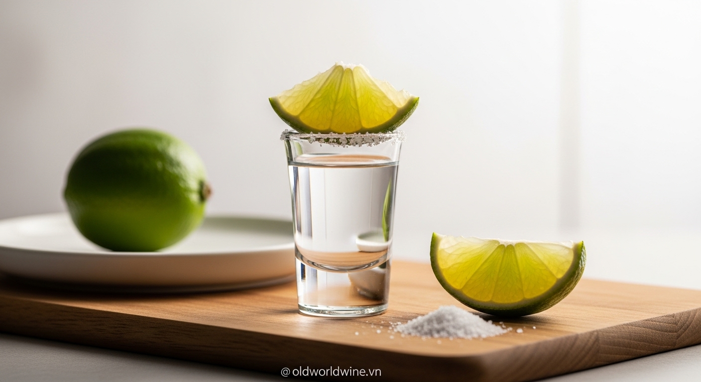 Hình ảnh ly shot Tequila Blanco kèm lát chanh tươi và chút muối – cách uống Tequila phổ biến giúp cân bằng vị rượu và làm nổi bật hương Agave.