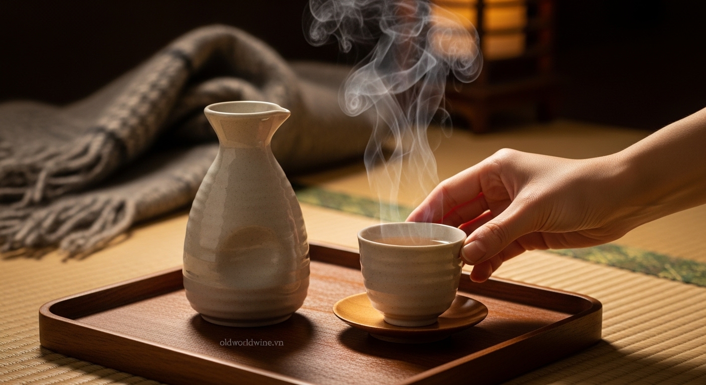 Ly rượu mơ Umeshu được hâm nóng nhẹ, bốc hơi thơm dịu trong chén sứ truyền thống, mang đến cảm giác thư giãn và ấm áp lý tưởng cho mùa đông.
