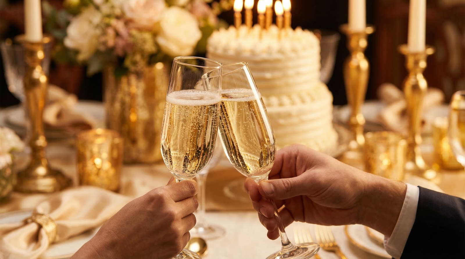 Vang sủi dùng khai tiệc sinh nhật sang trọng với ly rượu và bánh kem