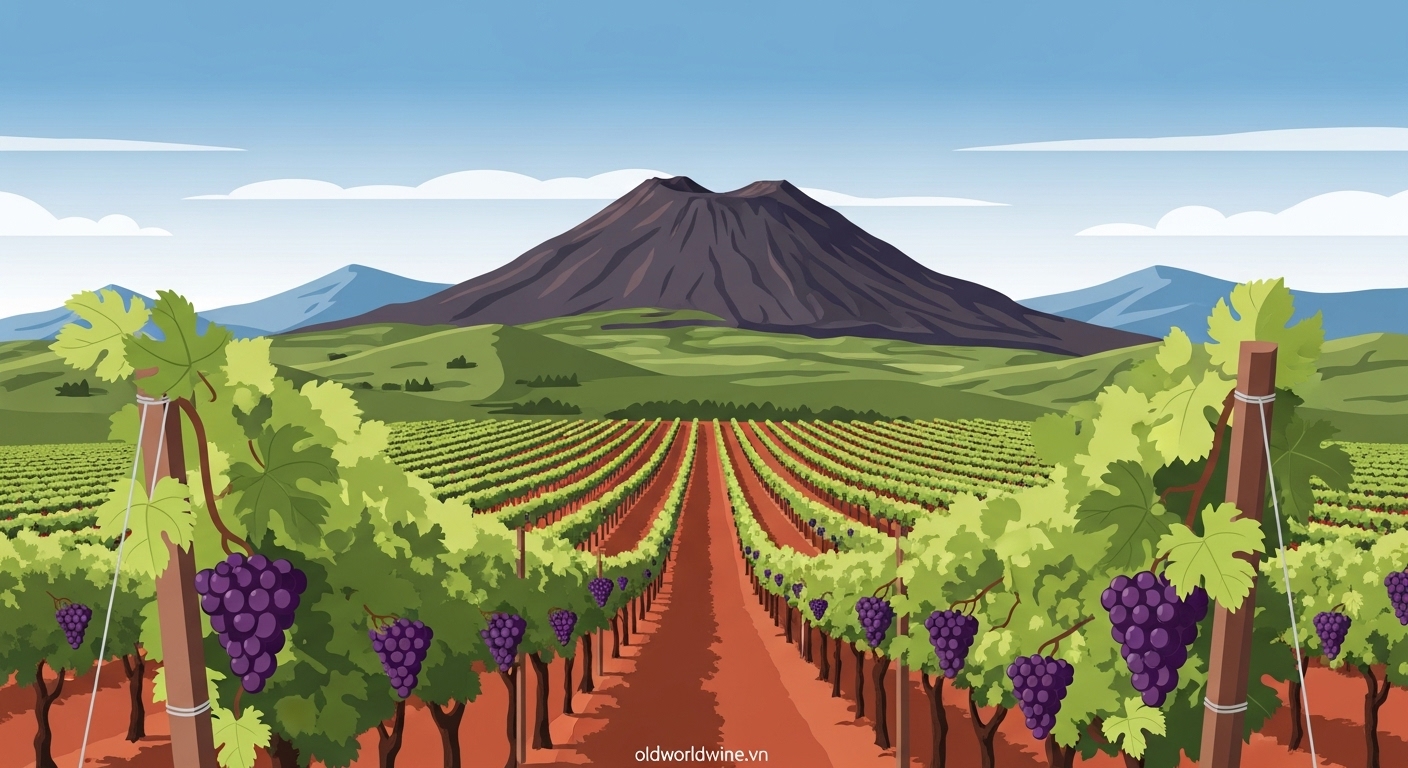 Vùng rượu vang Basilicata với núi lửa Monte Vulture và vườn nho Aglianico