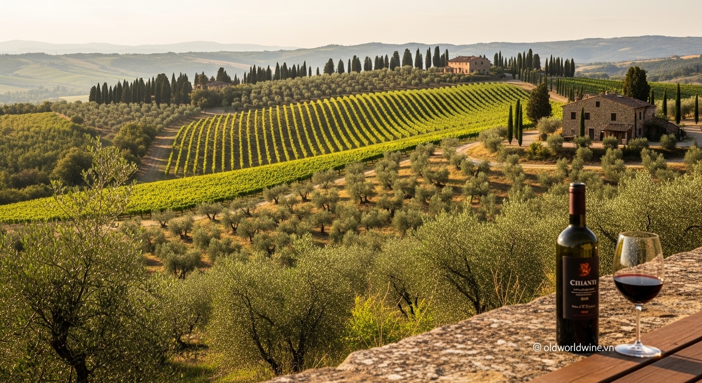 Hình ảnh vùng rượu vang Chianti tại Tuscany với những đồi nho và cây ôliu trải dài, điểm xuyết là ly rượu vang đỏ Chianti dưới ánh nắng vàng ấm áp.