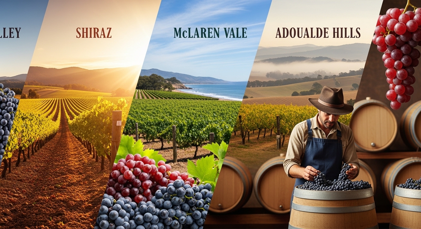 Vườn nho Shiraz Úc ở các vùng khí hậu khác nhau và quy trình làm vang với thùng gỗ sồi Mỹ và Pháp