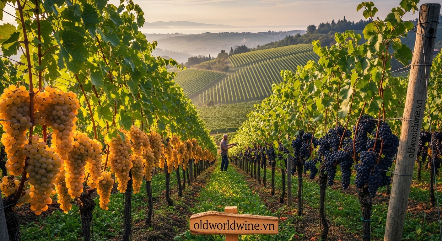 Cảnh vườn nho Friuli lúc hoàng hôn với các giống nho bản địa như Ribolla Gialla, Friulano, Refosco và Pinot Grigio chín mọng