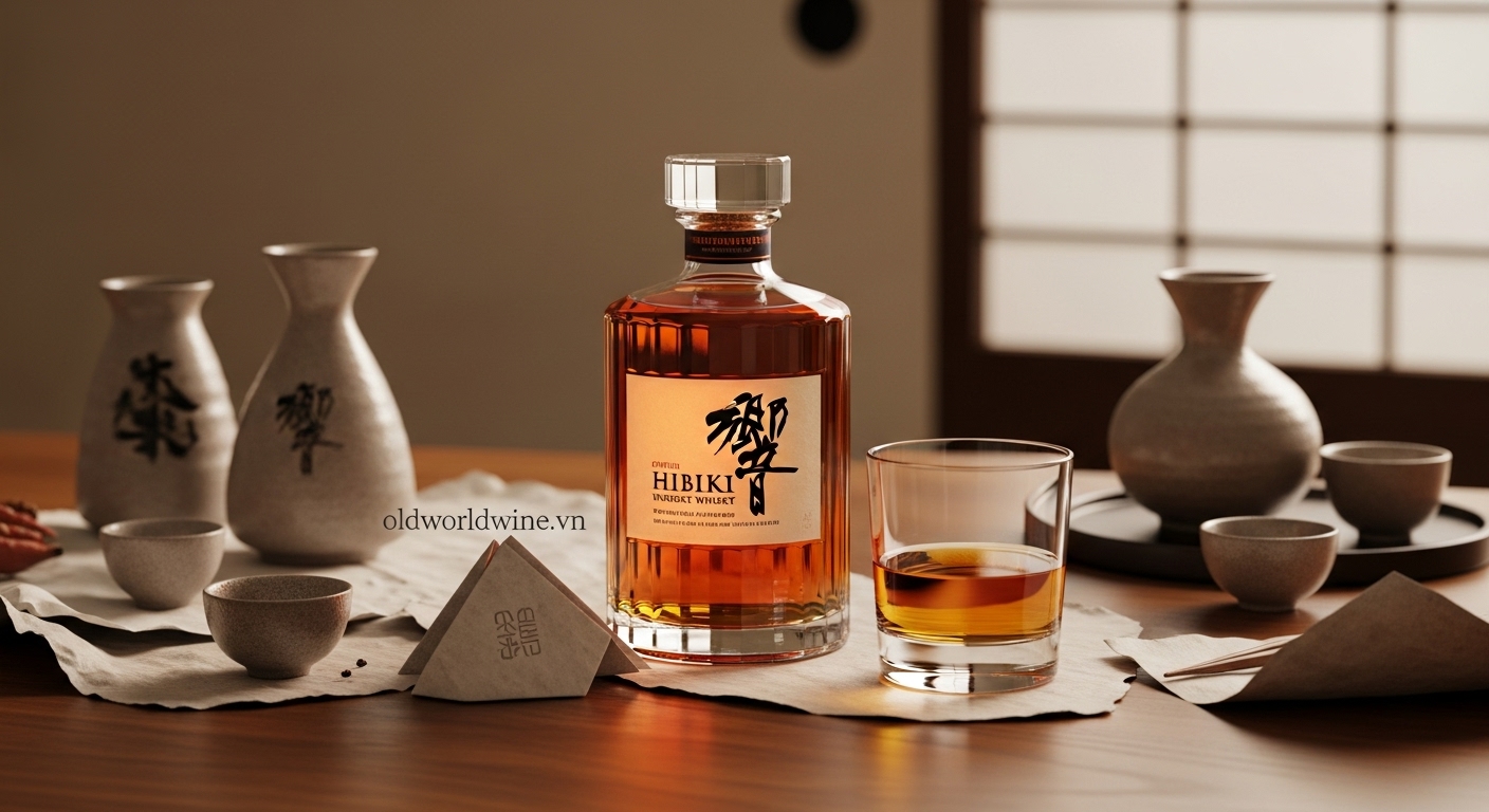 Hình ảnh chai whisky Hibiki của Nhật Bản trên nền gỗ, phối cảnh tối giản đậm chất Nhật Bản hiện đại, thể hiện tinh thần thủ công Monozukuri, với watermark oldworldwine.vn tinh tế.