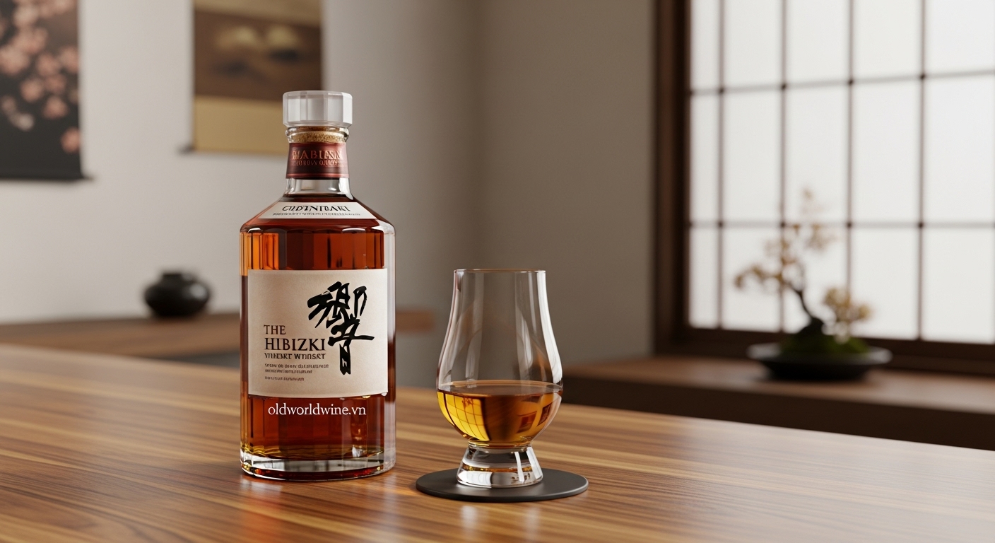 Hình ảnh sang trọng và tối giản phong cách Nhật Bản, với chai whisky Hibiki hoặc Yamazaki cùng ly Glencairn trên bàn gỗ, thể hiện sự tinh tế và đẳng cấp của whisky Nhật tại thị trường Việt Nam.